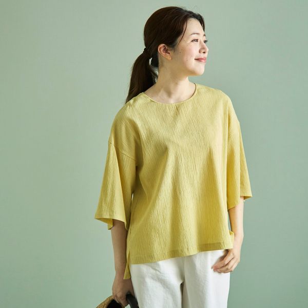 Kilka/洗えるシャーリング5分袖カットソー