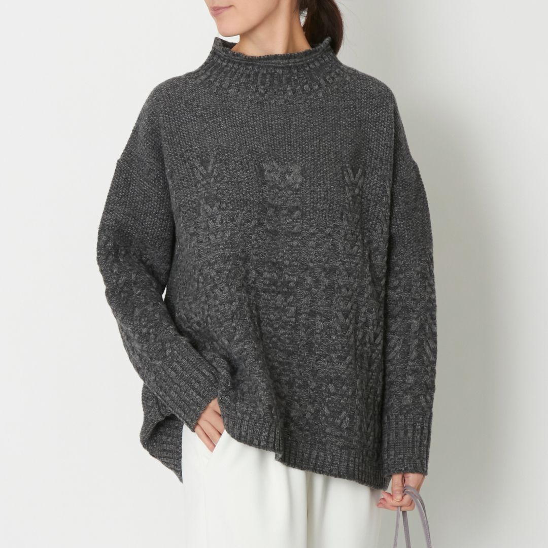 NARU/ラムウール アラン柄ハイネックニット