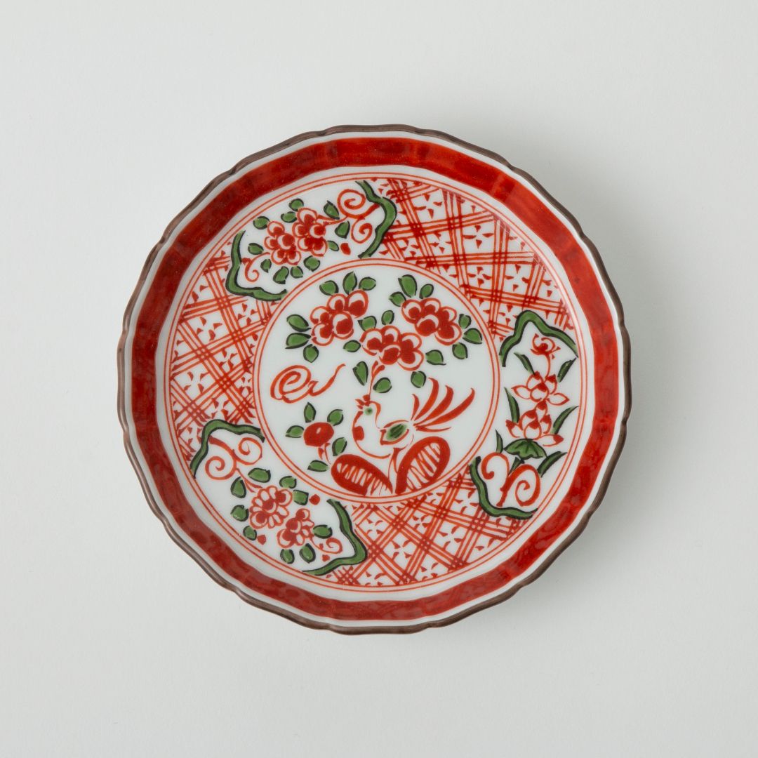 与山窯 桔梗渕4.5寸皿 呉須赤絵地文に鳥 -ハレの日の席を彩り豊かに 与山窯 桔梗渕4.5寸皿 呉須赤絵地文に鳥 -ハレの日の席を彩り豊かに