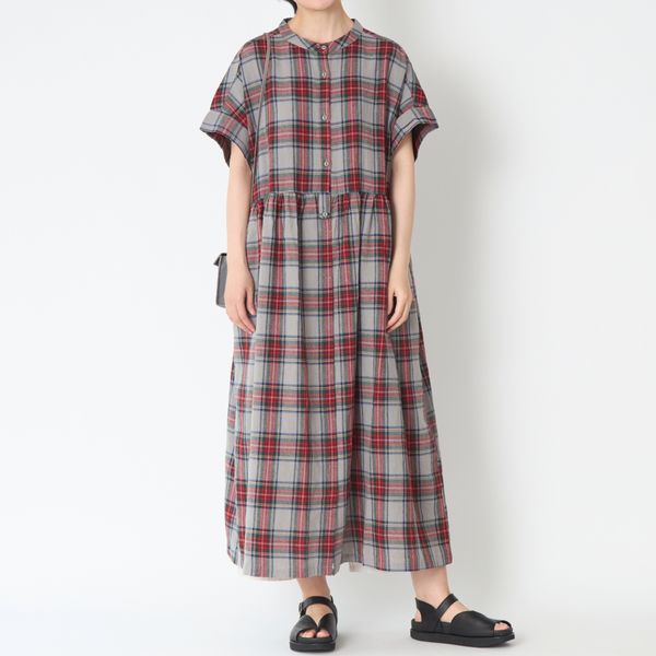 ubasoku/オリジナルタータンチェックリネンバンドカラー半袖ワンピース