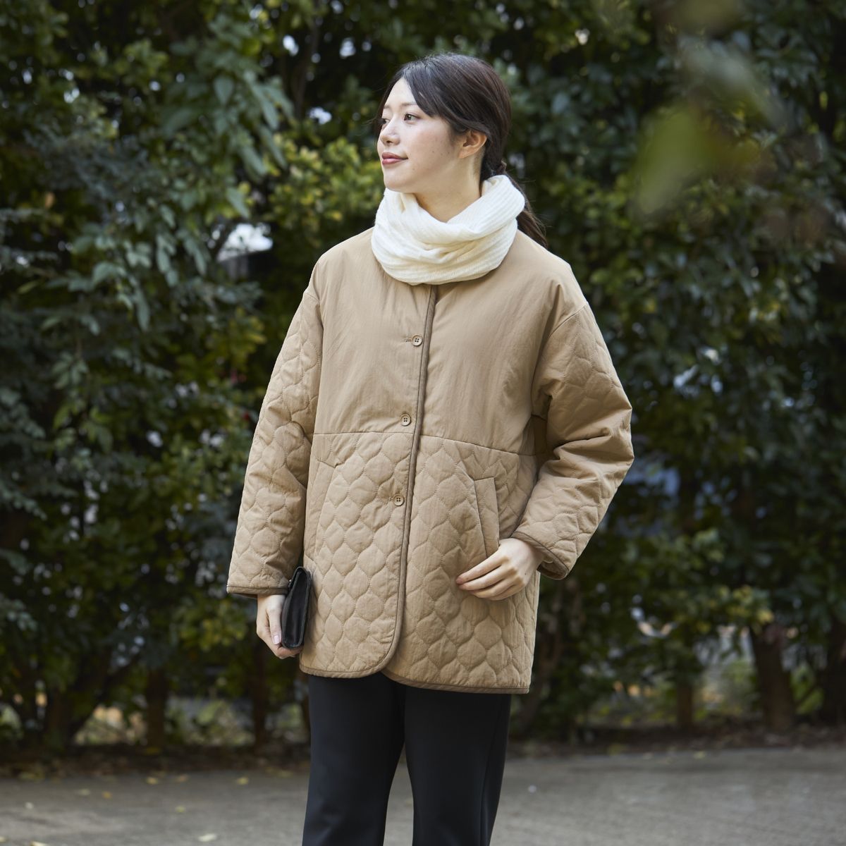 nachukara/ナイロンキルトノーカラージャケット