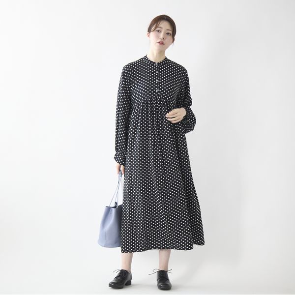 お抹茶様♡ワンピース♡オーダー♡ハンドメイド♡ ubasoku/ドットプリント バンドカラーワンピース -きれいめスタイルに