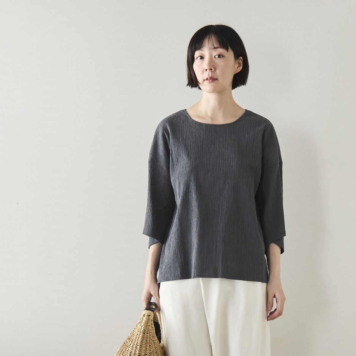 Kilka/洗えるシャーリング5分袖カットソー