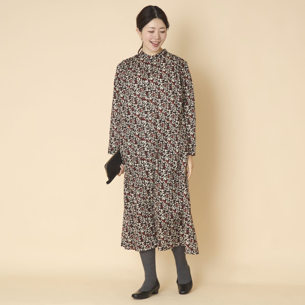 PONT DE CHALONS/フラワープリントギャザーワンピース ブラック