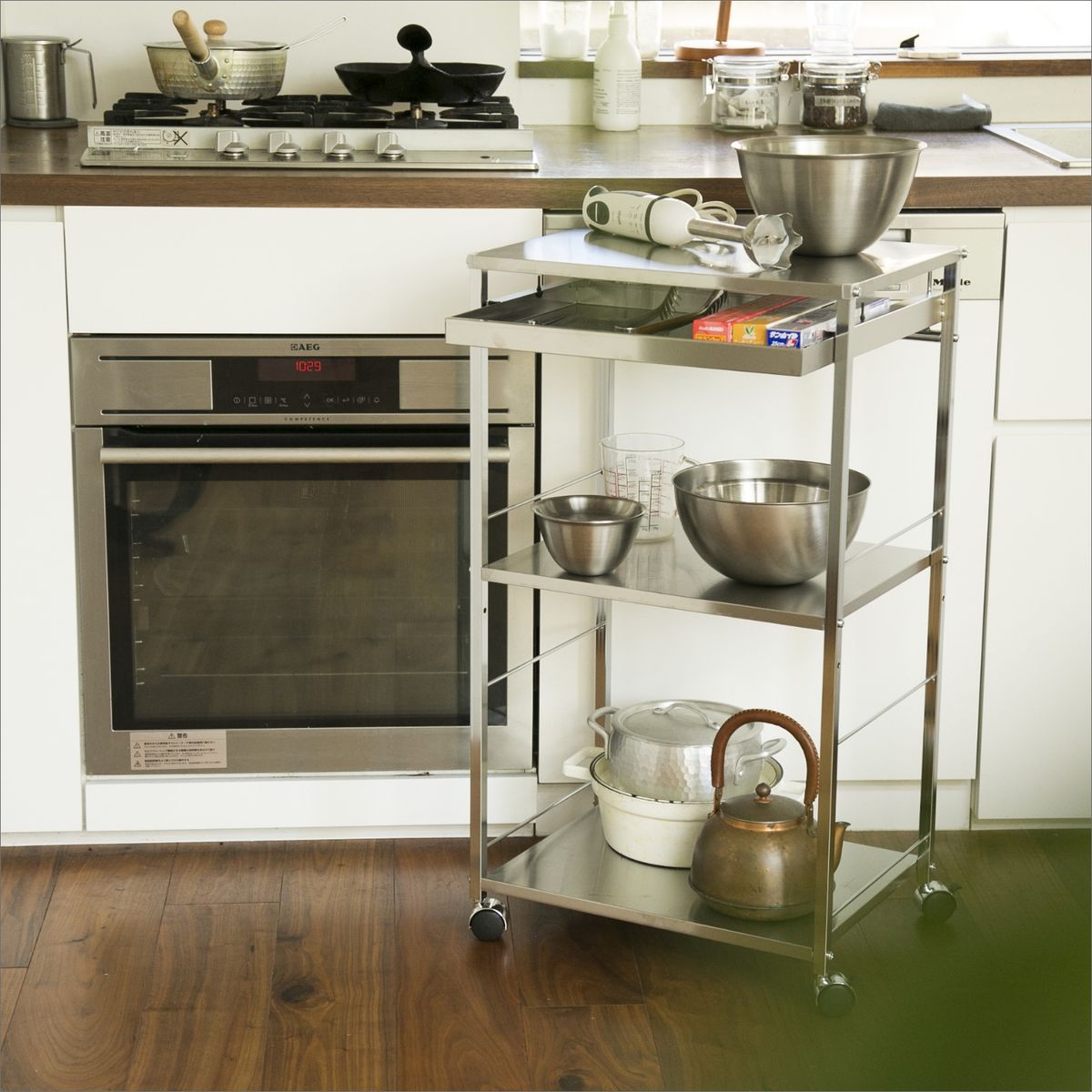 足立製作所/ステンレス作業台キッチンワゴン引き出し付 幅50cm