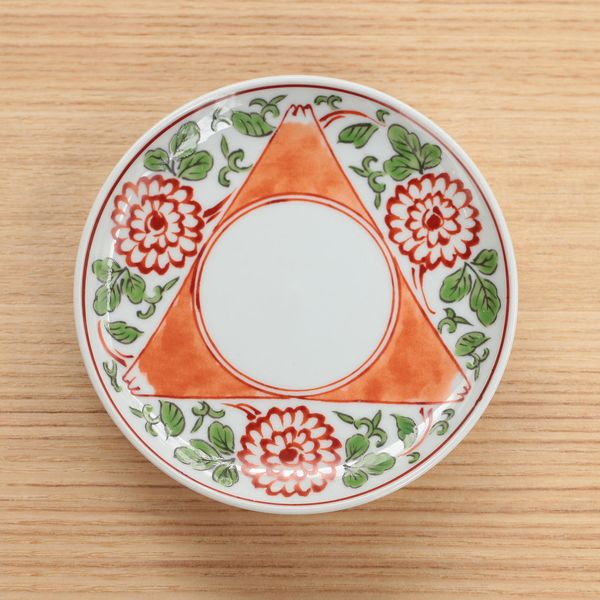 与山窯 豆皿 色絵三方富士菊花文