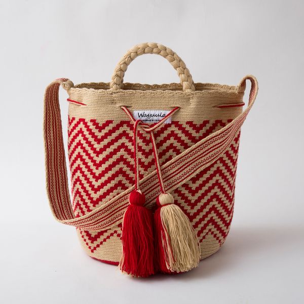 ★未使用★ 　　Wayuula ワユーラ　ワユーバッグ　2way　トートバッグ Wayuula/ワユーバッグ ローズ L -ワユー族の女性たちがひと月かけて