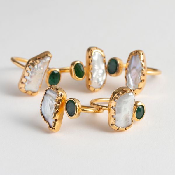 teRRam/2石リング エメラルド×パール -太い指にも似合う！トルコの職人