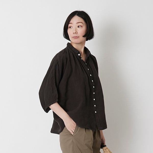 ■美品■   ブロカント　グランシャツ  リネン　ブラック Brocante/グランシャツ -リラックス感溢れる7分袖リネンシャツ