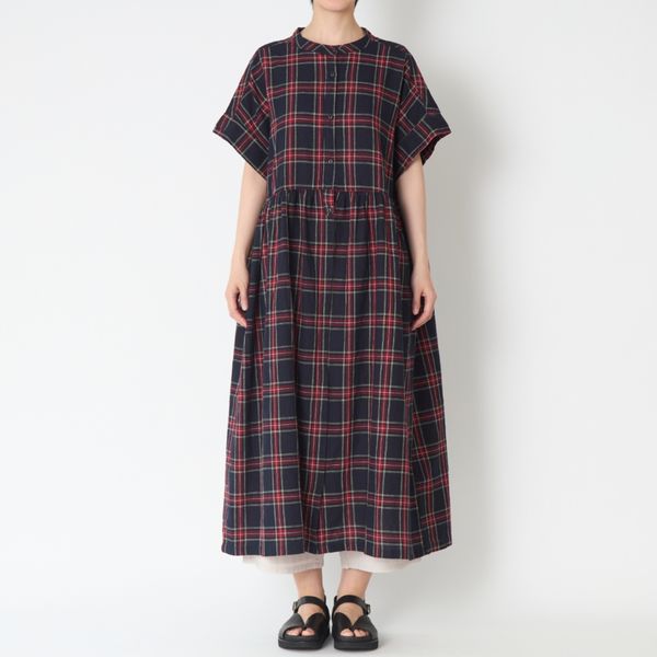 ubasoku/オリジナルタータンチェックリネンバンドカラー半袖ワンピース
