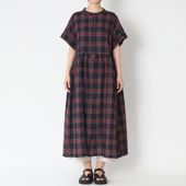 ubasoku/オリジナルタータンチェックリネンバンドカラー半袖ワンピース