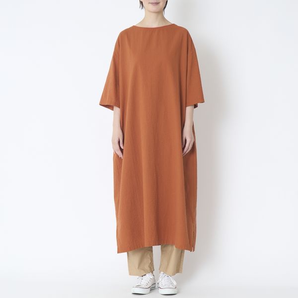 motone/7分袖ボートネックロングワンピース -綿100％サッカー生地で