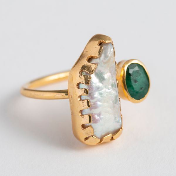 teRRam/2石リング エメラルド×パール -太い指にも似合う！トルコの職人